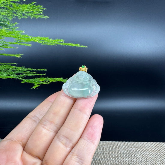 18K Yellow Gold Burmese Icy Green Jadeite Jade Happy Buddha Pendant