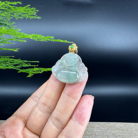 18K Yellow Gold Burmese Icy Green Jadeite Jade Happy Buddha Pendant