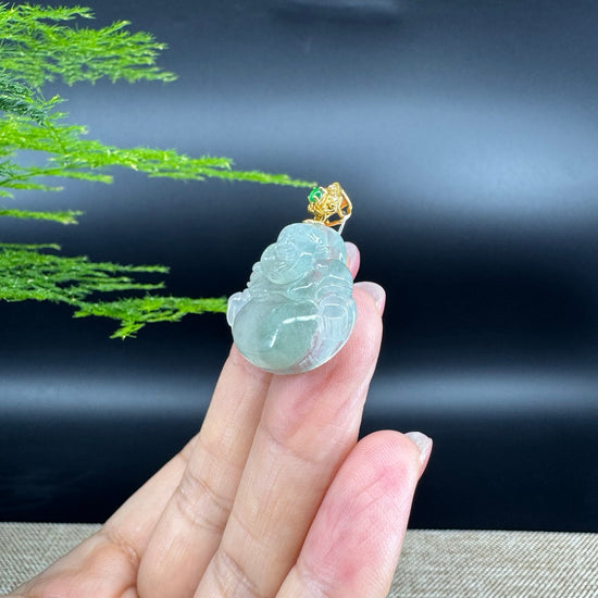 18K Yellow Gold Burmese Icy Green Jadeite Jade Happy Buddha Pendant