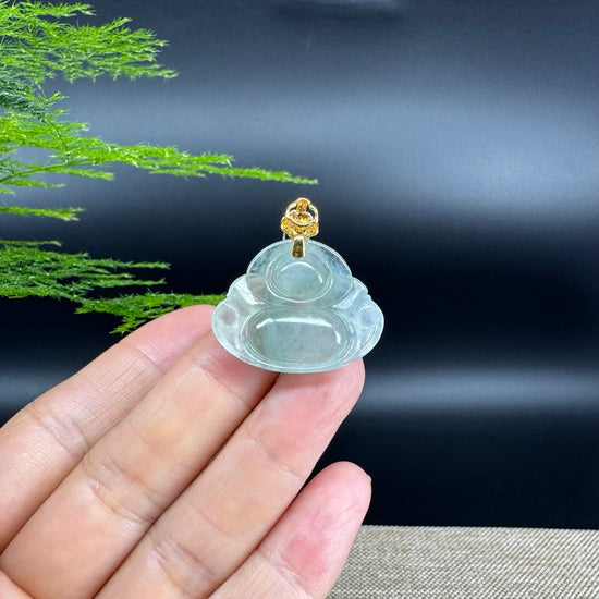 18K Yellow Gold Burmese Icy Green Jadeite Jade Happy Buddha Pendant