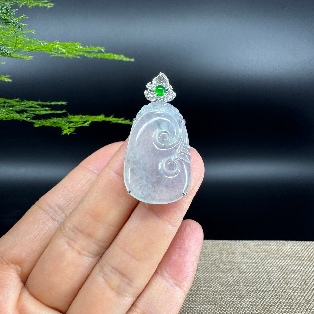 RealJade® Co. Genuine Burmese Icy Jadeite Jade Ru Yi Pendant with 18k White Gold Diamond Bail