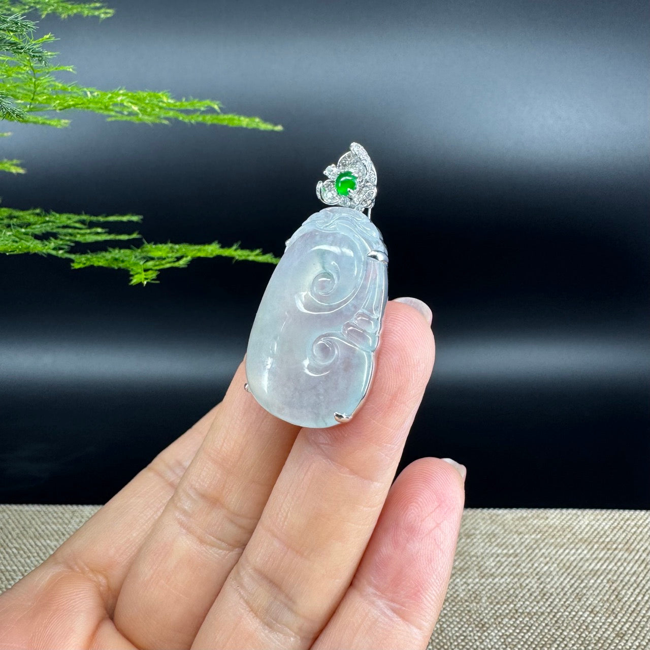 RealJade® Co. Genuine Burmese Icy Jadeite Jade Ru Yi Pendant with 18k White Gold Diamond Bail