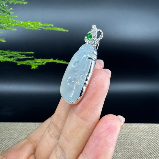 RealJade® Co. Genuine Burmese Icy Jadeite Jade Ru Yi Pendant with 18k White Gold Diamond Bail