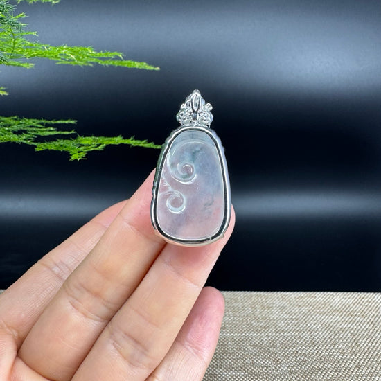 RealJade® Co. Genuine Burmese Icy Jadeite Jade Ru Yi Pendant with 18k White Gold Diamond Bail