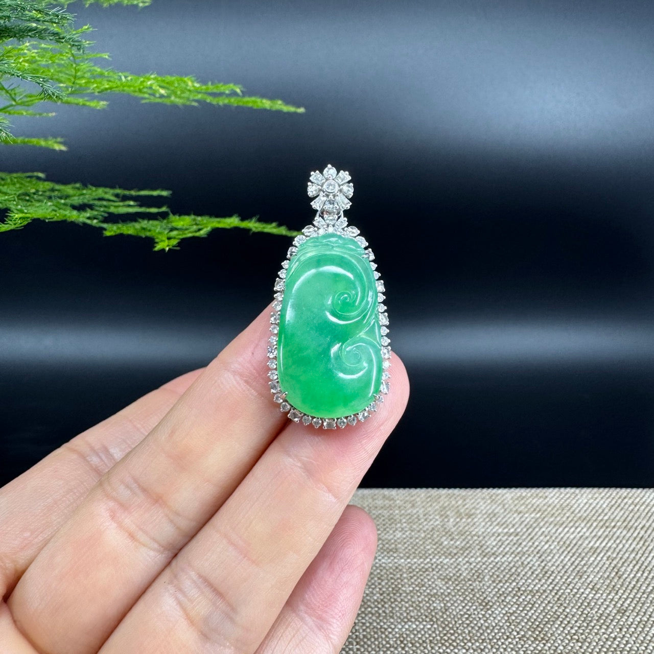 RealJade® Co. Genuine Burmese Green Jadeite Jade RuYi Pendant with 18k White Gold Diamond Bail