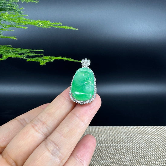 RealJade® Co. Genuine Burmese Green Jadeite Jade RuYi Pendant with 18k White Gold Diamond Bail