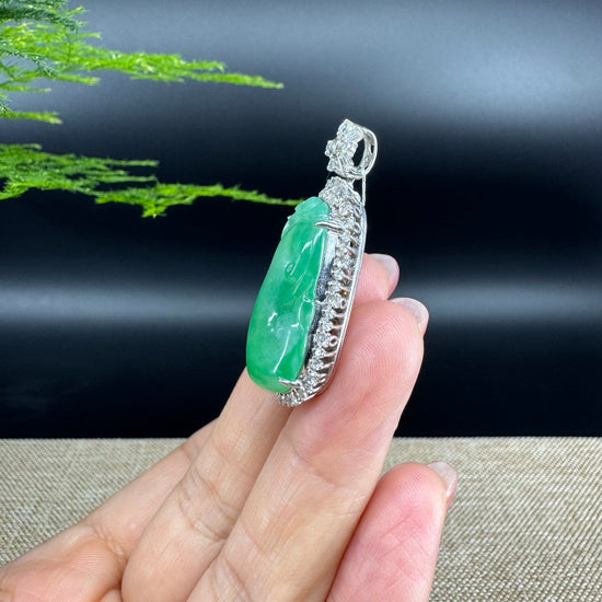 RealJade® Co. Genuine Burmese Green Jadeite Jade RuYi Pendant with 18k White Gold Diamond Bail