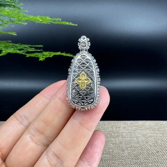 RealJade® Co. Genuine Burmese Green Jadeite Jade RuYi Pendant with 18k White Gold Diamond Bail