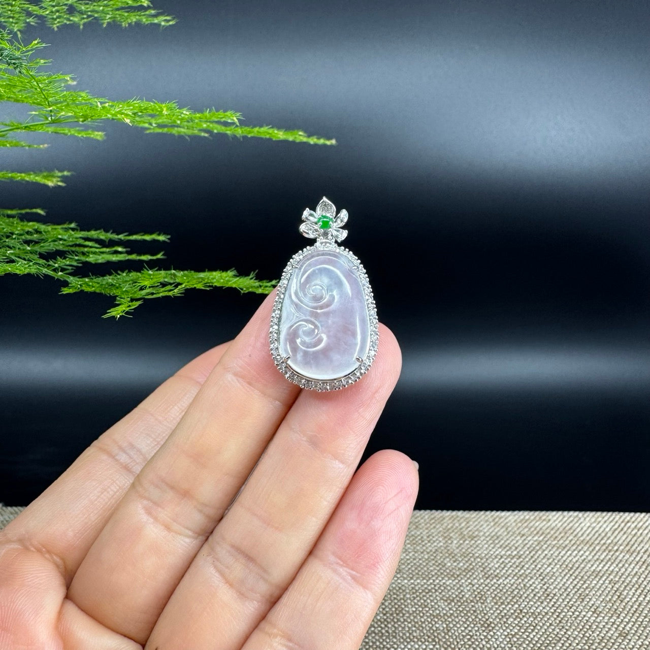 RealJade® Co. Genuine Icy Lavender Jadeite Jade Ru Yi Pendant with 18k White Gold Diamond Bail