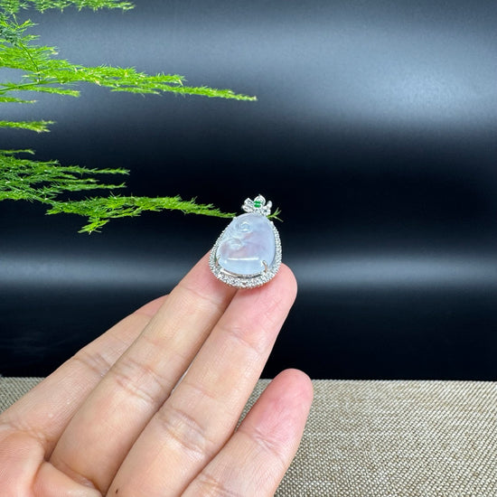RealJade® Co. Genuine Icy Lavender Jadeite Jade Ru Yi Pendant with 18k White Gold Diamond Bail