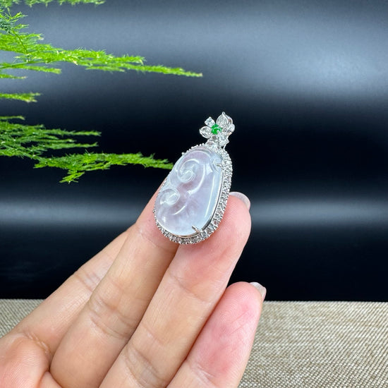 RealJade® Co. Genuine Icy Lavender Jadeite Jade Ru Yi Pendant with 18k White Gold Diamond Bail