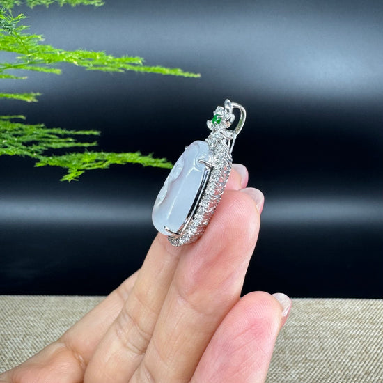 RealJade® Co. Genuine Icy Lavender Jadeite Jade Ru Yi Pendant with 18k White Gold Diamond Bail