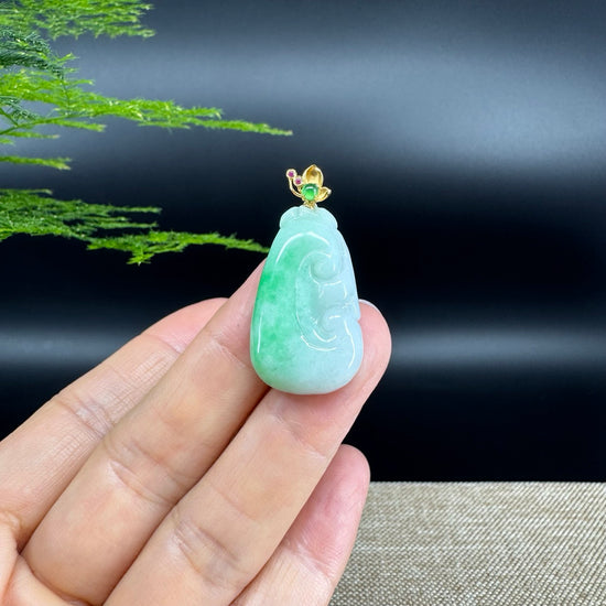 RealJade® Co. Genuine White Green Jadeite Jade Good Luck RuYi Necklace With 18K Yellow Gold Bail