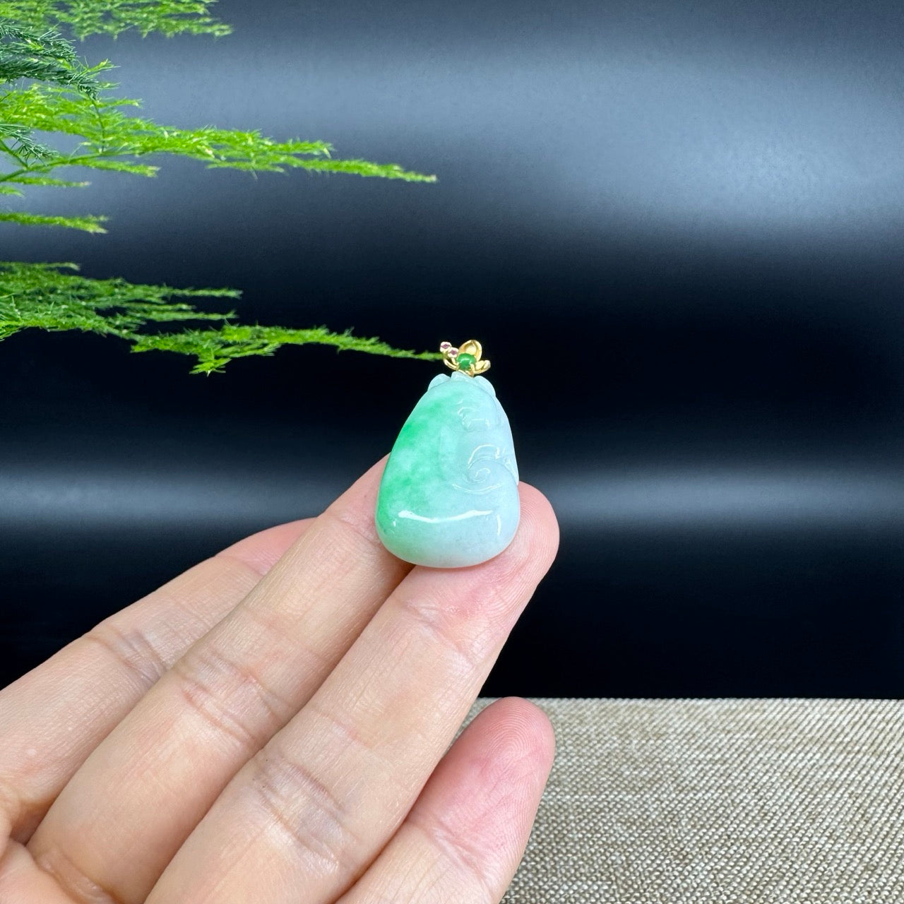 RealJade® Co. Genuine White Green Jadeite Jade Good Luck RuYi Necklace With 18K Yellow Gold Bail