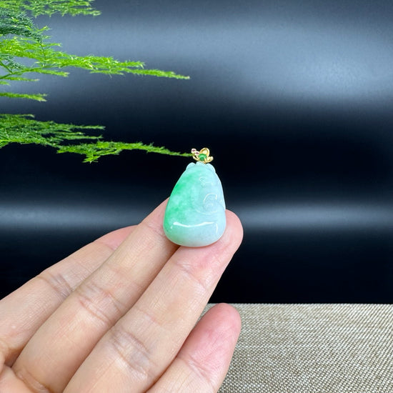 RealJade® Co. Genuine White Green Jadeite Jade Good Luck RuYi Necklace With 18K Yellow Gold Bail