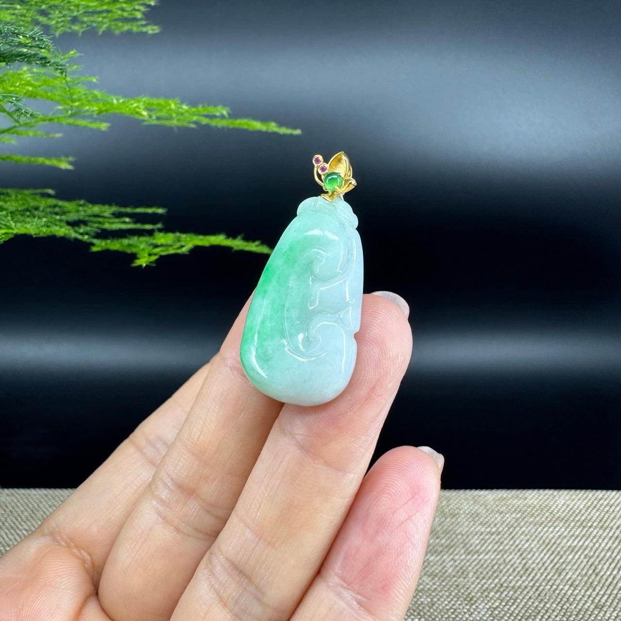 RealJade® Co. Genuine White Green Jadeite Jade Good Luck RuYi Necklace With 18K Yellow Gold Bail