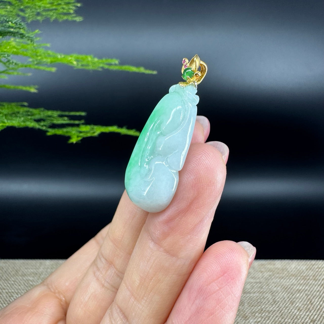RealJade® Co. Genuine White Green Jadeite Jade Good Luck RuYi Necklace With 18K Yellow Gold Bail