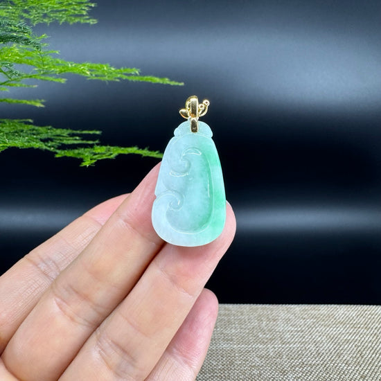 RealJade® Co. Genuine White Green Jadeite Jade Good Luck RuYi Necklace With 18K Yellow Gold Bail