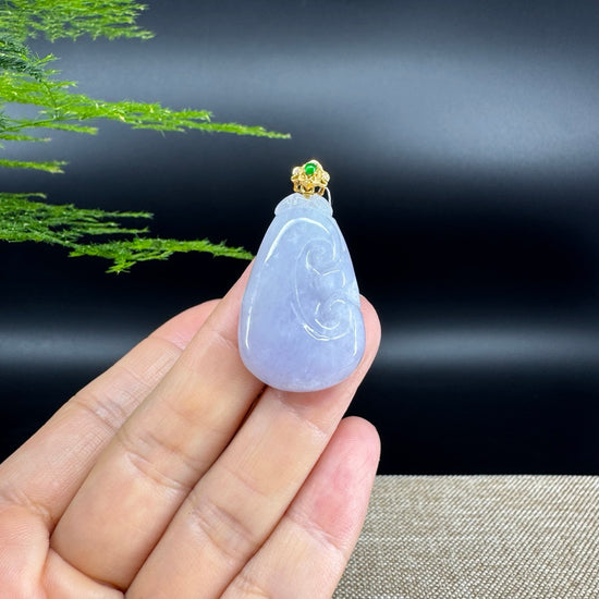 RealJade® Co. Genuine Lavender Jadeite Jade Good Luck RuYi Necklace With 18K Yellow Gold Bail