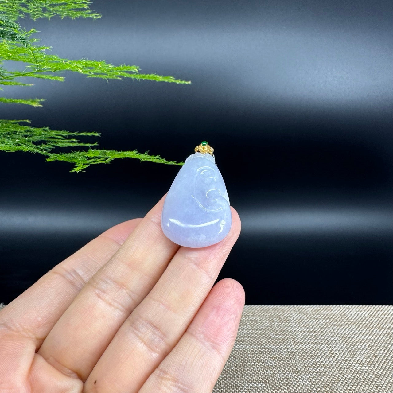 RealJade® Co. Genuine Lavender Jadeite Jade Good Luck RuYi Necklace With 18K Yellow Gold Bail