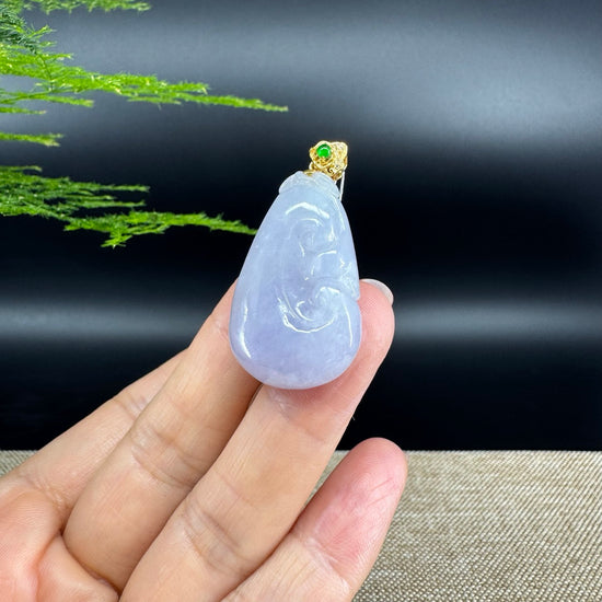 RealJade® Co. Genuine Lavender Jadeite Jade Good Luck RuYi Necklace With 18K Yellow Gold Bail