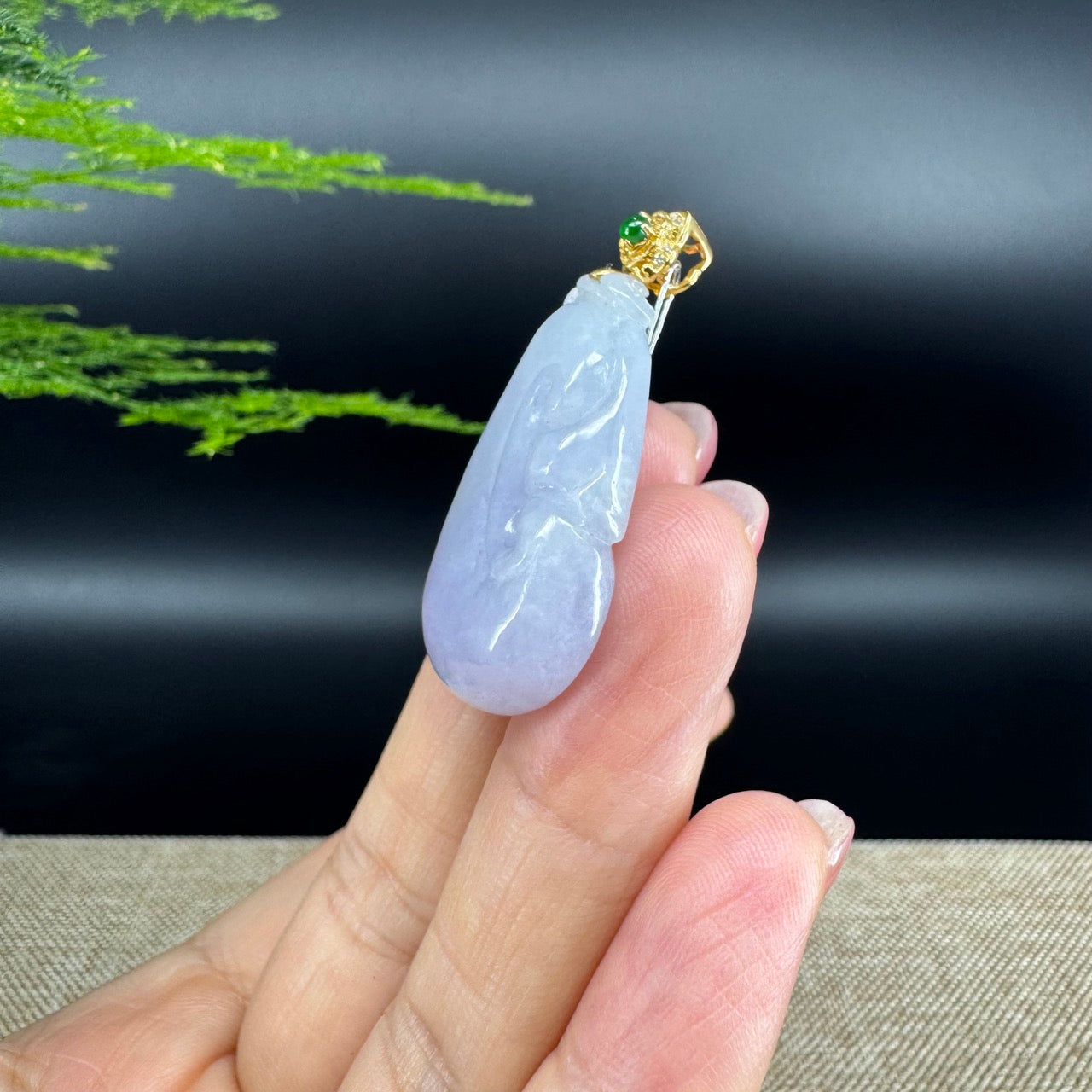 RealJade® Co. Genuine Lavender Jadeite Jade Good Luck RuYi Necklace With 18K Yellow Gold Bail
