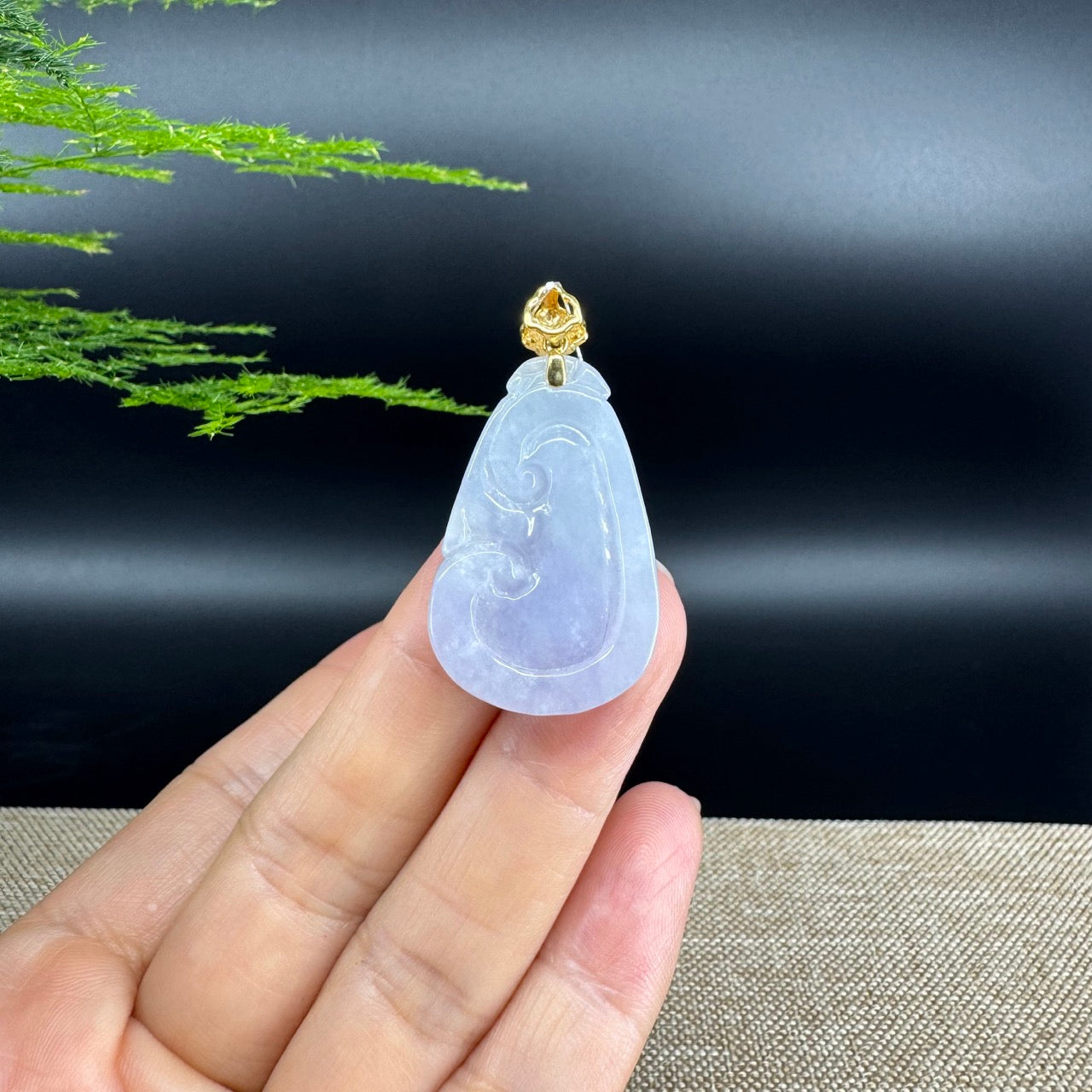 RealJade® Co. Genuine Lavender Jadeite Jade Good Luck RuYi Necklace With 18K Yellow Gold Bail