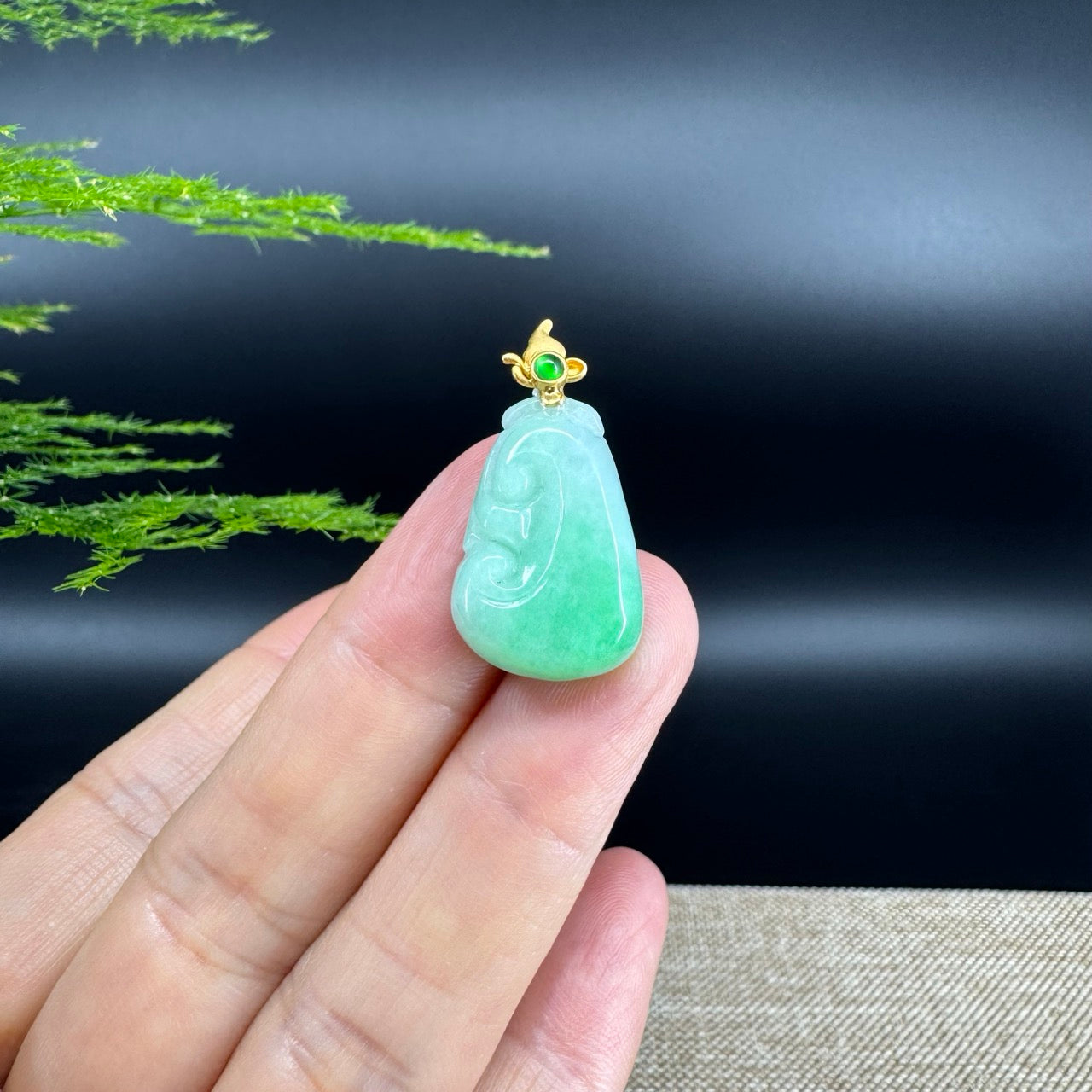 RealJade® Co. Genuine Green Jadeite Jade Good Luck RuYi Necklace With 18K Yellow Gold Bail