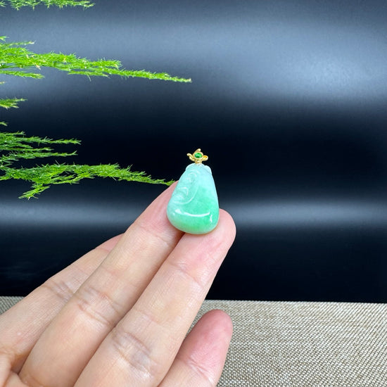 RealJade® Co. Genuine Green Jadeite Jade Good Luck RuYi Necklace With 18K Yellow Gold Bail