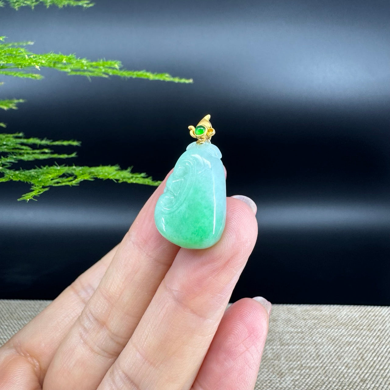 RealJade® Co. Genuine Green Jadeite Jade Good Luck RuYi Necklace With 18K Yellow Gold Bail