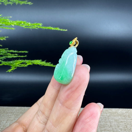 RealJade® Co. Genuine Green Jadeite Jade Good Luck RuYi Necklace With 18K Yellow Gold Bail