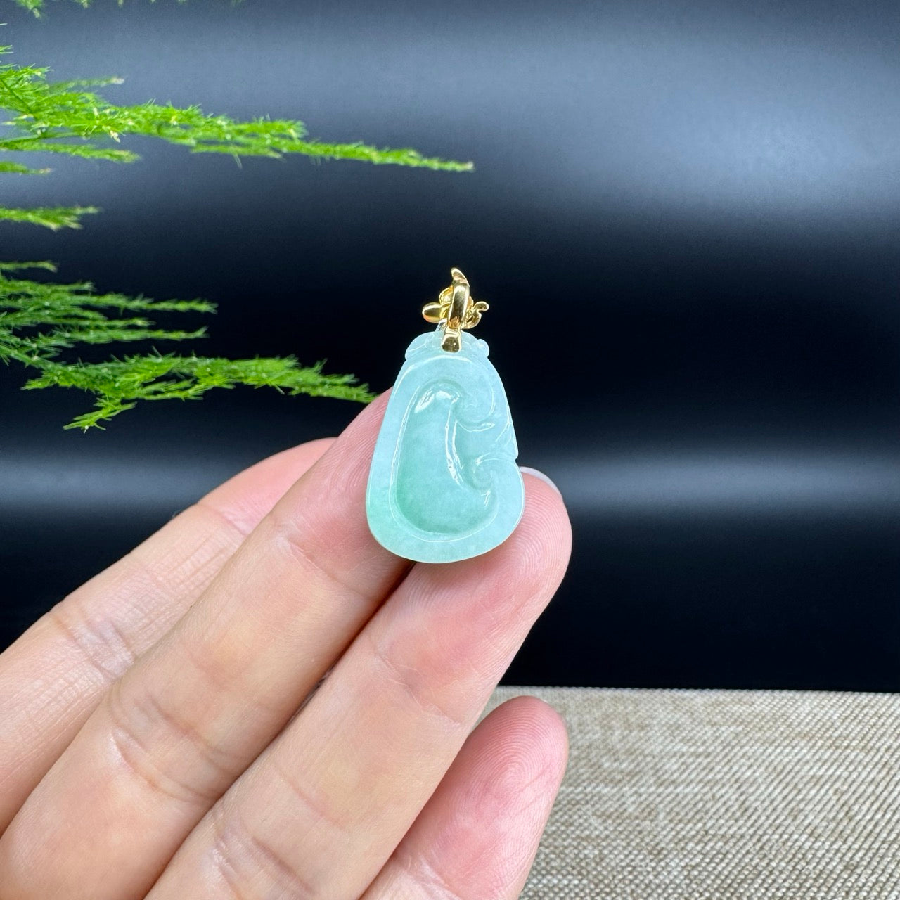 RealJade® Co. Genuine Green Jadeite Jade Good Luck RuYi Necklace With 18K Yellow Gold Bail