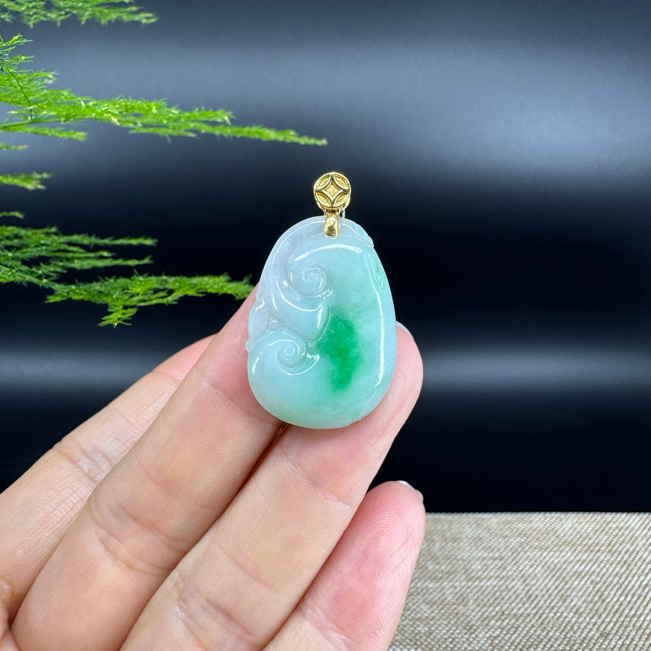 RealJade® Co. Genuine White Green Jadeite Jade Good Luck RuYi Necklace With 18K Yellow Gold Bail