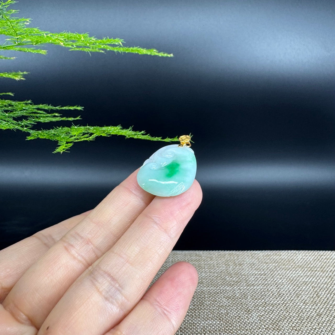 RealJade® Co. Genuine White Green Jadeite Jade Good Luck RuYi Necklace With 18K Yellow Gold Bail