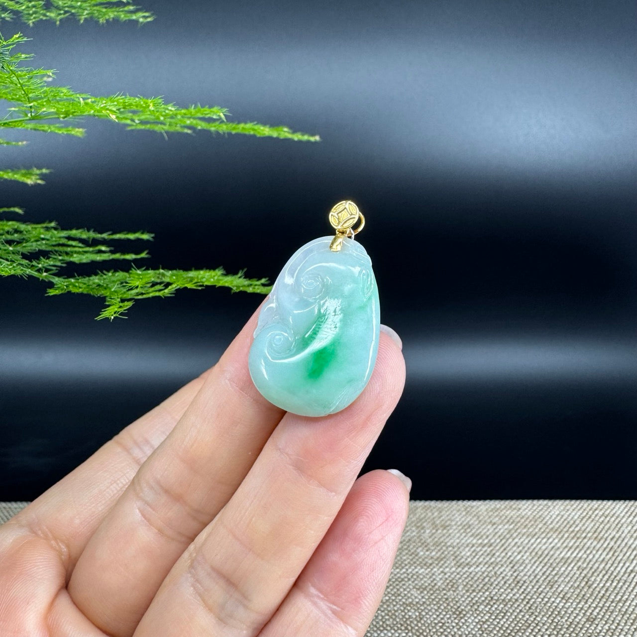 RealJade® Co. Genuine White Green Jadeite Jade Good Luck RuYi Necklace With 18K Yellow Gold Bail