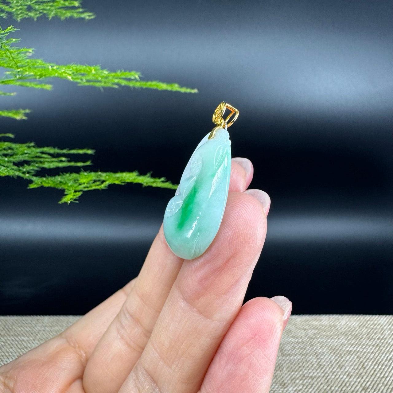 RealJade® Co. Genuine White Green Jadeite Jade Good Luck RuYi Necklace With 18K Yellow Gold Bail
