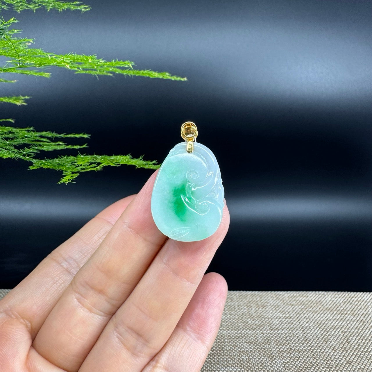 RealJade® Co. Genuine White Green Jadeite Jade Good Luck RuYi Necklace With 18K Yellow Gold Bail