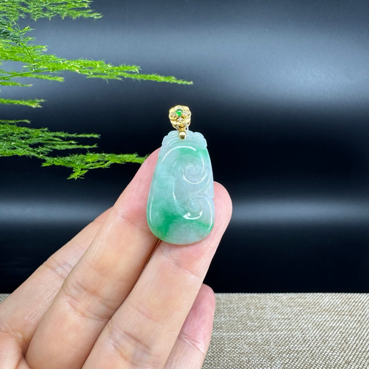 RealJade® Co. Genuine Icy Green Jadeite Jade Good Luck RuYi Necklace With 18K Yellow Gold Bail