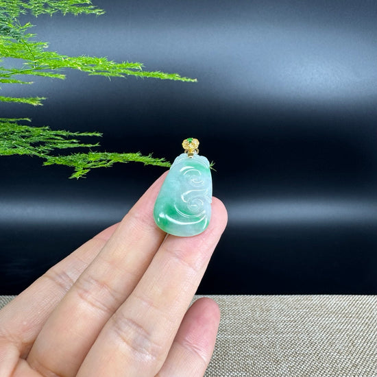 RealJade® Co. Genuine Icy Green Jadeite Jade Good Luck RuYi Necklace With 18K Yellow Gold Bail