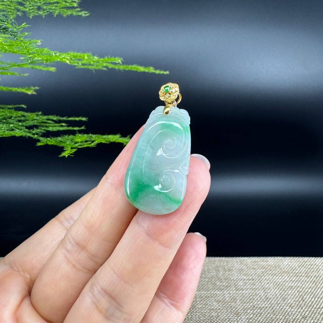 RealJade® Co. Genuine Icy Green Jadeite Jade Good Luck RuYi Necklace With 18K Yellow Gold Bail