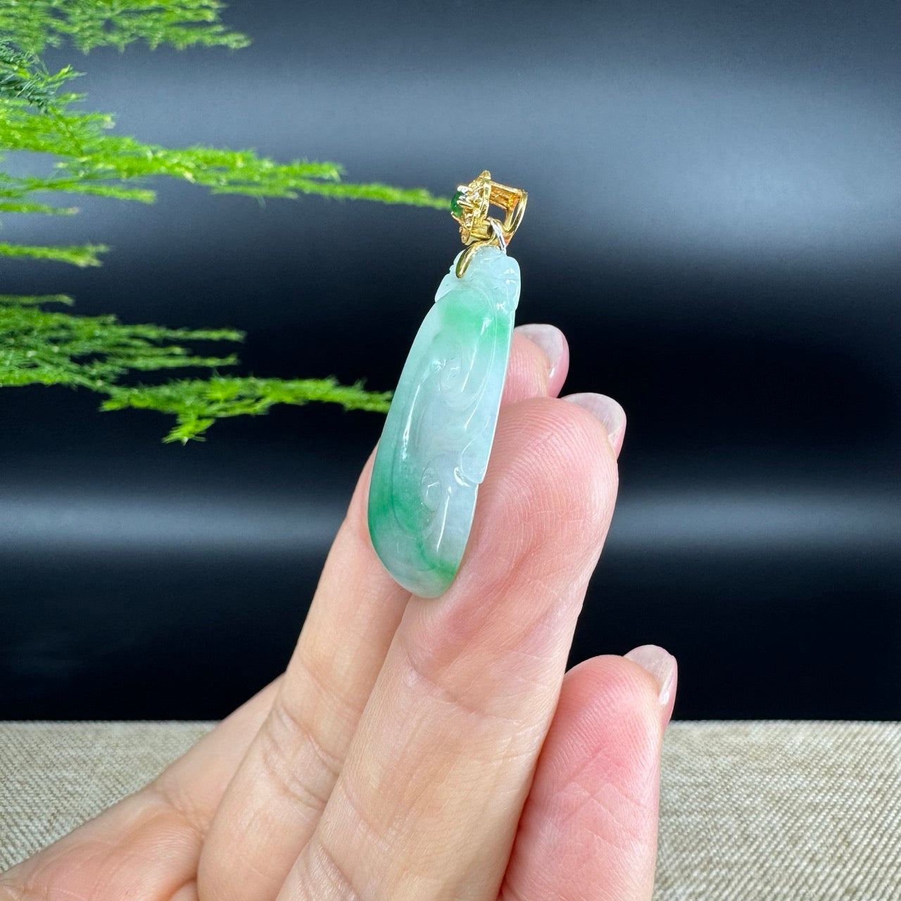 RealJade® Co. Genuine Icy Green Jadeite Jade Good Luck RuYi Necklace With 18K Yellow Gold Bail