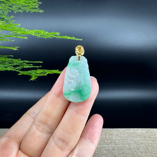 RealJade® Co. Genuine Icy Green Jadeite Jade Good Luck RuYi Necklace With 18K Yellow Gold Bail