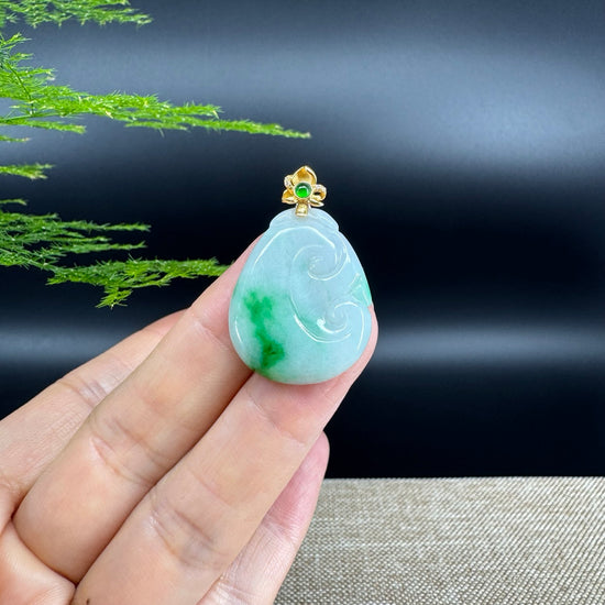 RealJade® Co. Genuine White Green Jadeite Jade Good Luck RuYi Necklace With 18K Yellow Gold Bail