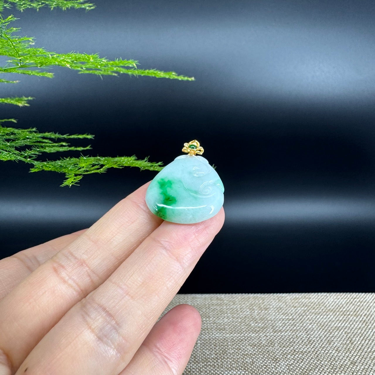 RealJade® Co. Genuine White Green Jadeite Jade Good Luck RuYi Necklace With 18K Yellow Gold Bail