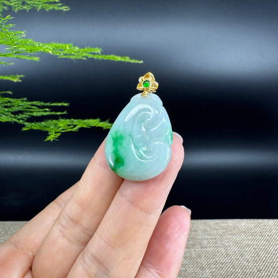 RealJade® Co. Genuine White Green Jadeite Jade Good Luck RuYi Necklace With 18K Yellow Gold Bail