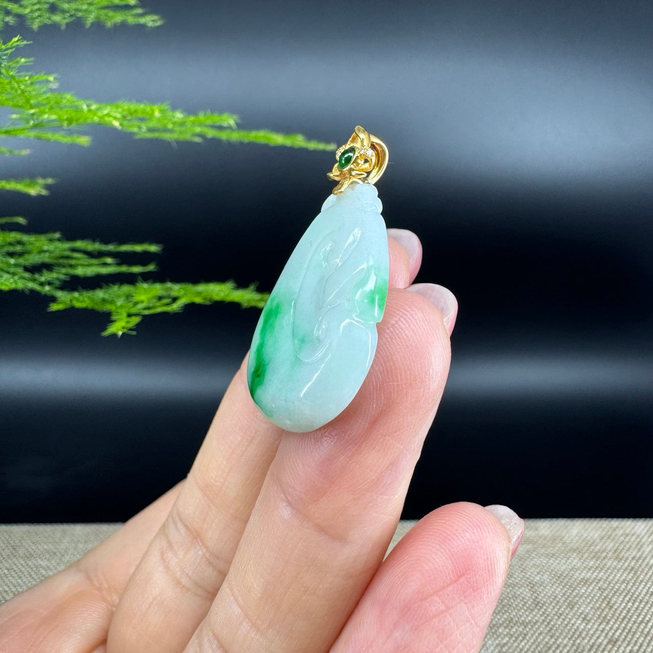 RealJade® Co. Genuine White Green Jadeite Jade Good Luck RuYi Necklace With 18K Yellow Gold Bail