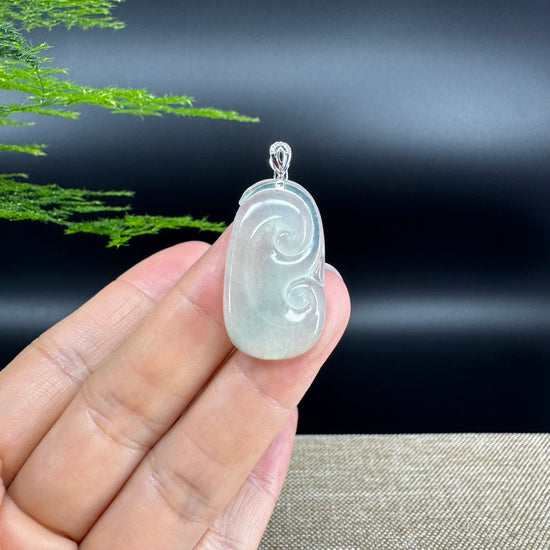 RealJade® Co. Genuine Icy Green Jadeite Jade Good Luck RuYi Necklace With 18K  White Gold Bail