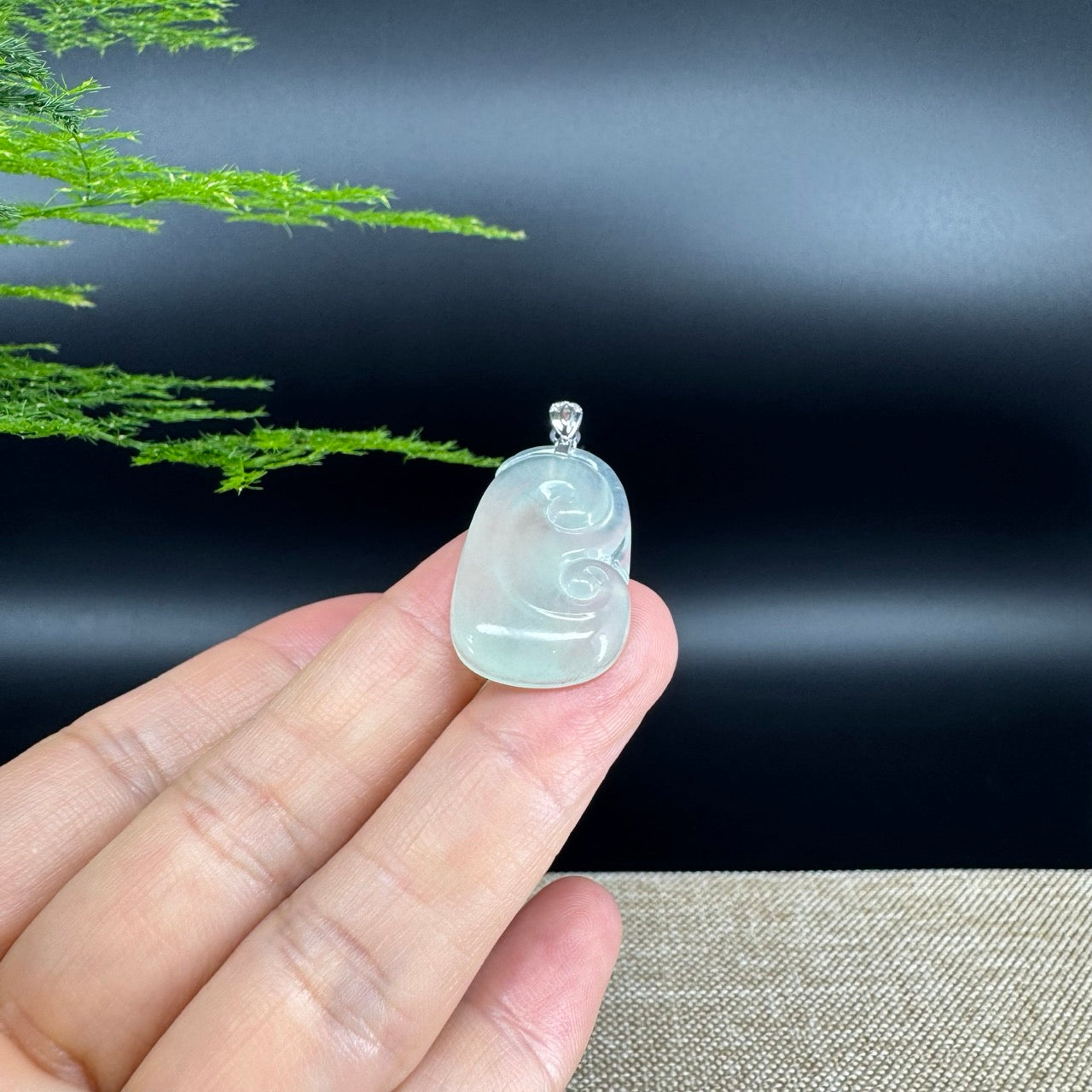 RealJade® Co. Genuine Icy Green Jadeite Jade Good Luck RuYi Necklace With 18K  White Gold Bail