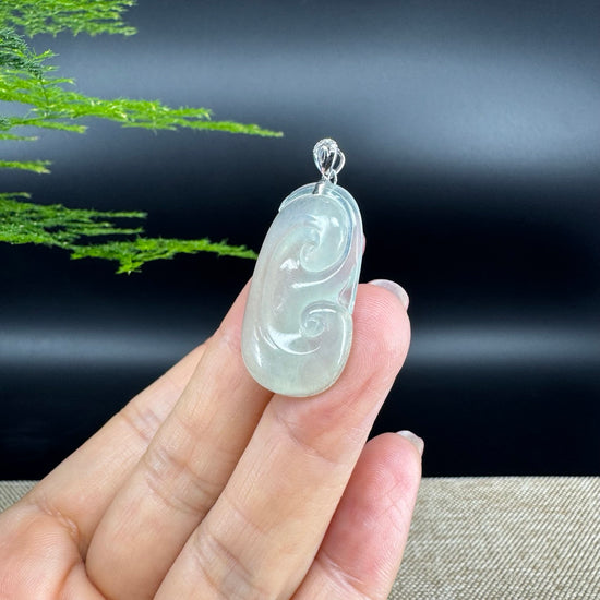 RealJade® Co. Genuine Icy Green Jadeite Jade Good Luck RuYi Necklace With 18K  White Gold Bail