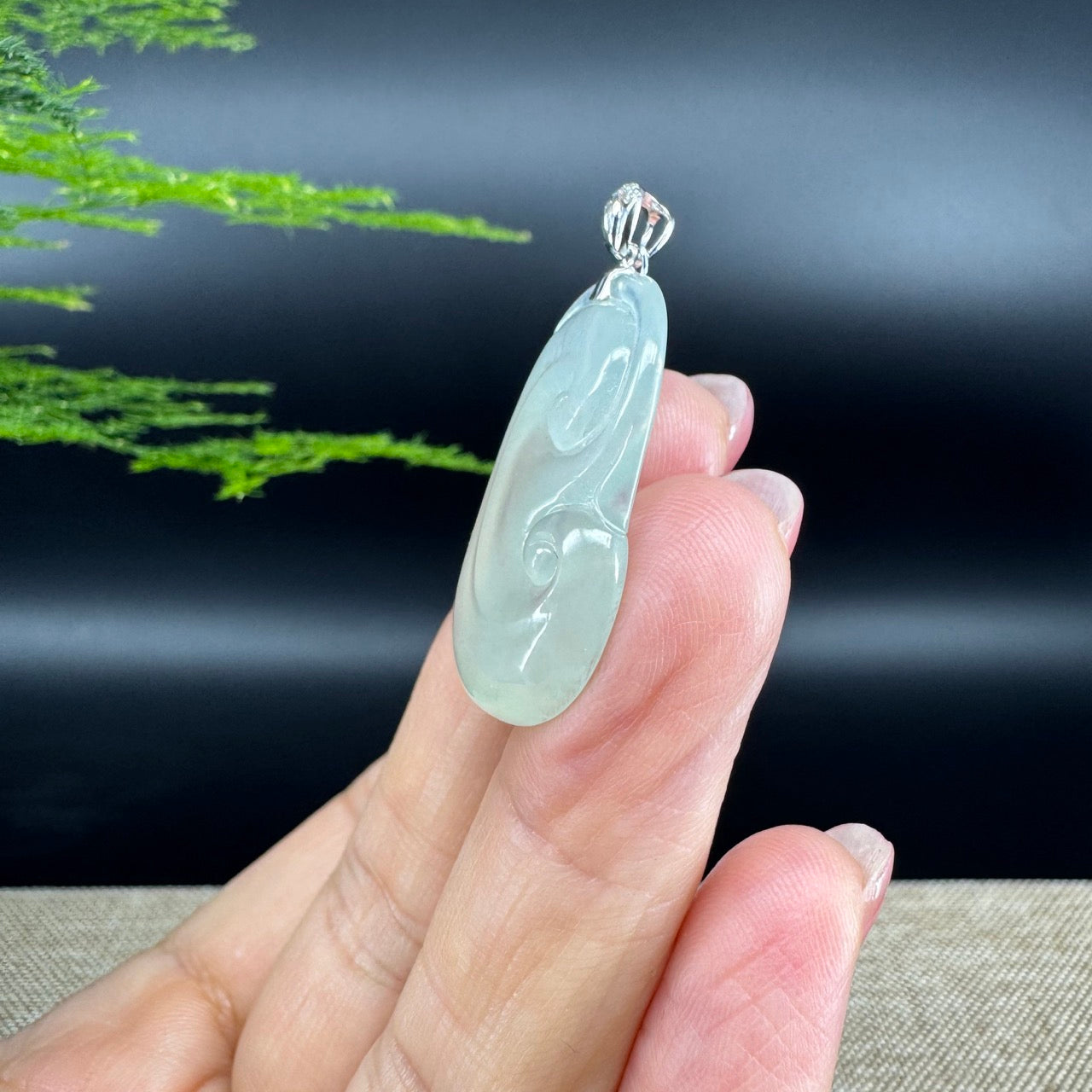 RealJade® Co. Genuine Icy Green Jadeite Jade Good Luck RuYi Necklace With 18K  White Gold Bail